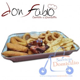 Entrantes Don Fabio Combo Degustación  Alitas bbq, aros de cebolla, finger de mozarrella, finger de pollo, nachos y salsa dip.